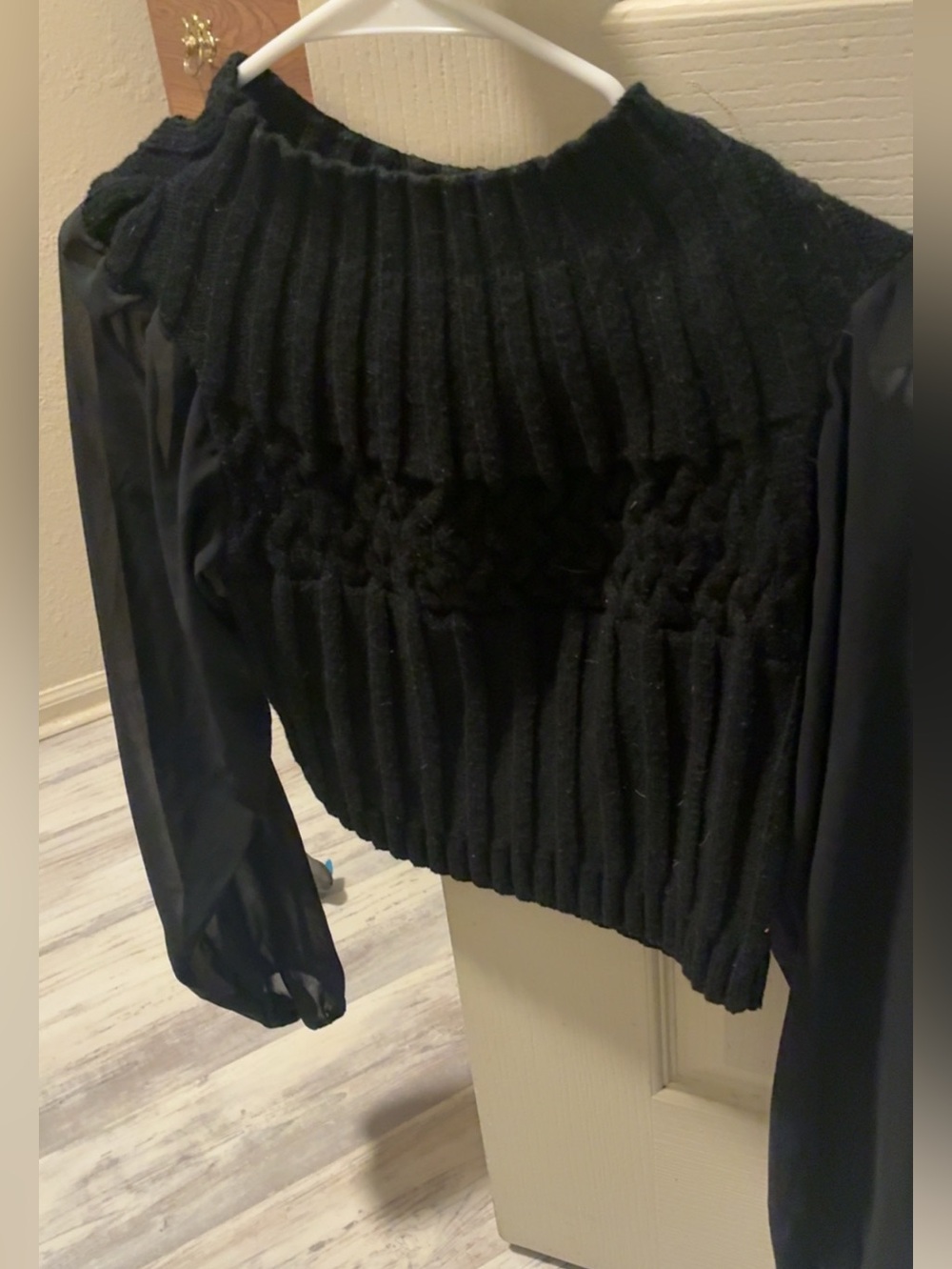 Black Ribbed Cropped Knit Sweater with Sheer Long Sleeves